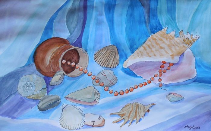 Art Studio PALETTE. Angelina Rudakova Picture.  Watercolour, Ink Still Life Shells 